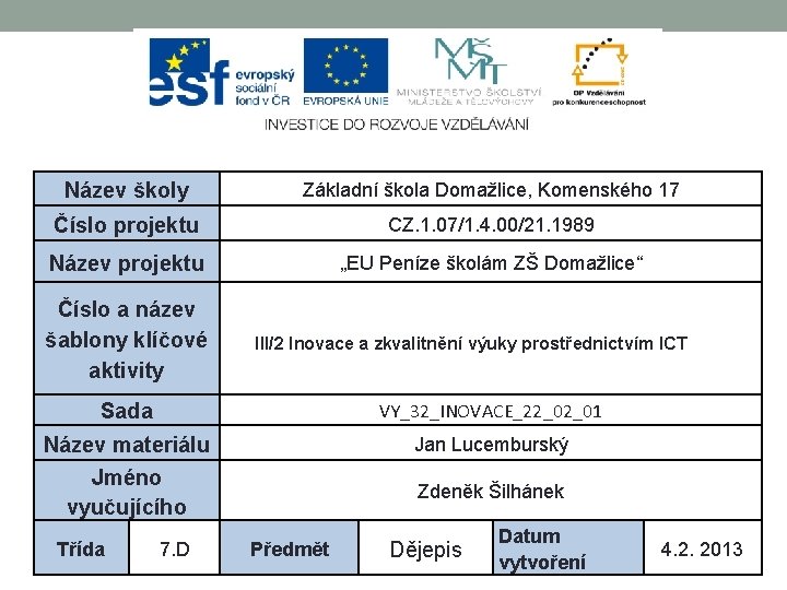 Název školy Základní škola Domažlice, Komenského 17 Číslo projektu CZ. 1. 07/1. 4. 00/21.