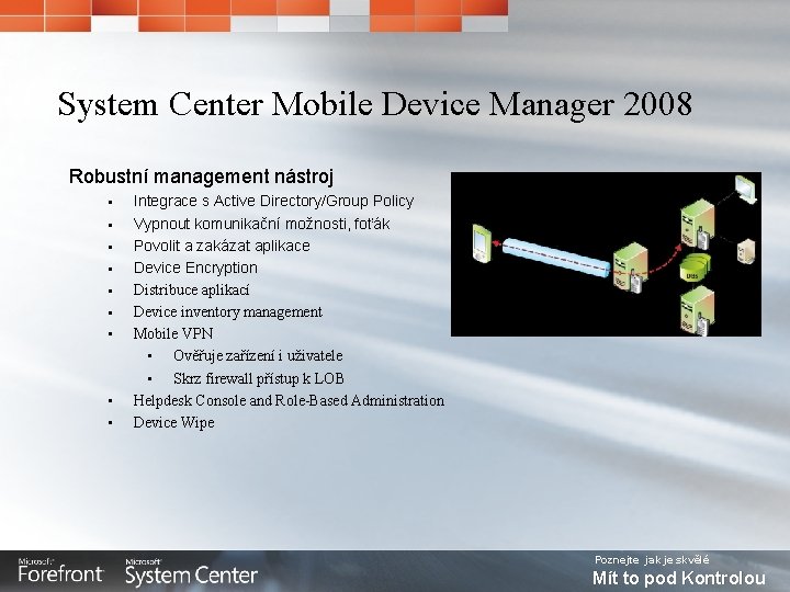 System Center Mobile Device Manager 2008 Robustní management nástroj • • • Integrace s