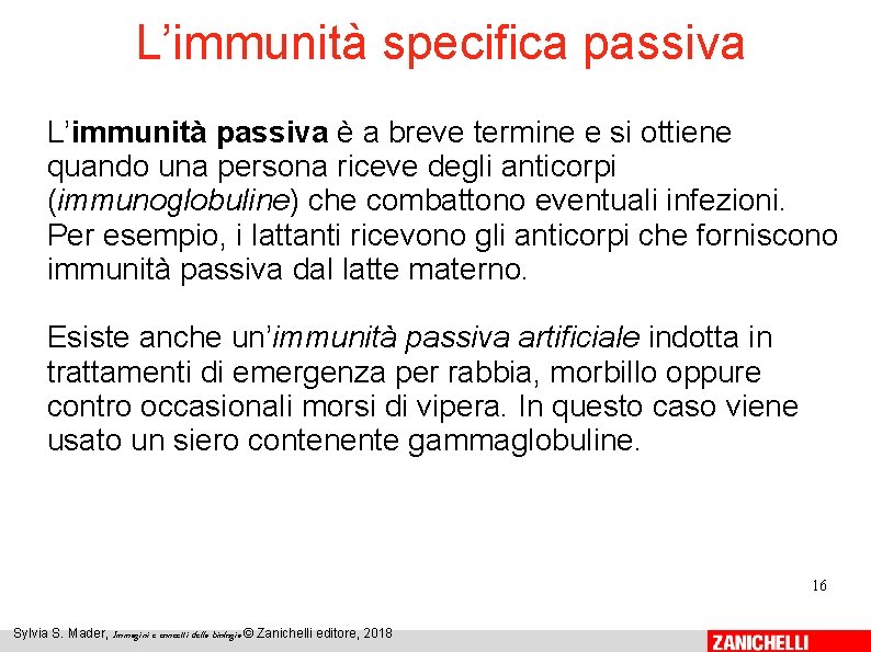 L’immunità specifica passiva L’immunità passiva è a breve termine e si ottiene quando una