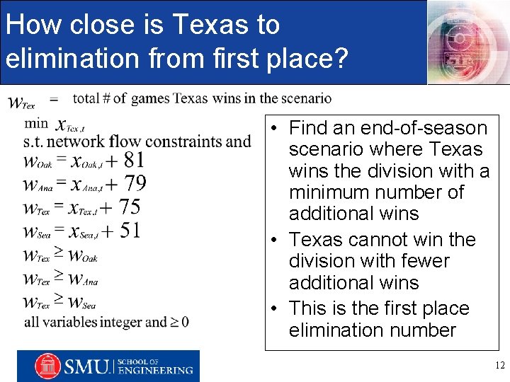 How close is Texas to elimination from first place? • Find an end-of-season scenario