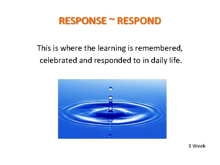 RESPONSE ~ RESPOND This is where the learning is remembered, celebrated and responded to