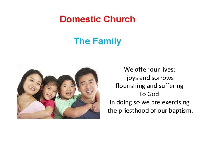 Domestic Church The Family We offer our lives: joys and sorrows flourishing and suffering