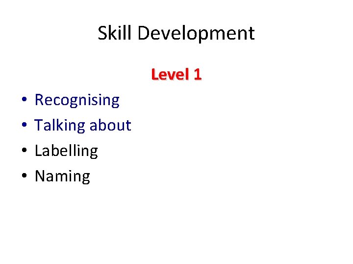 Skill Development Level 1 • • Recognising Talking about Labelling Naming 