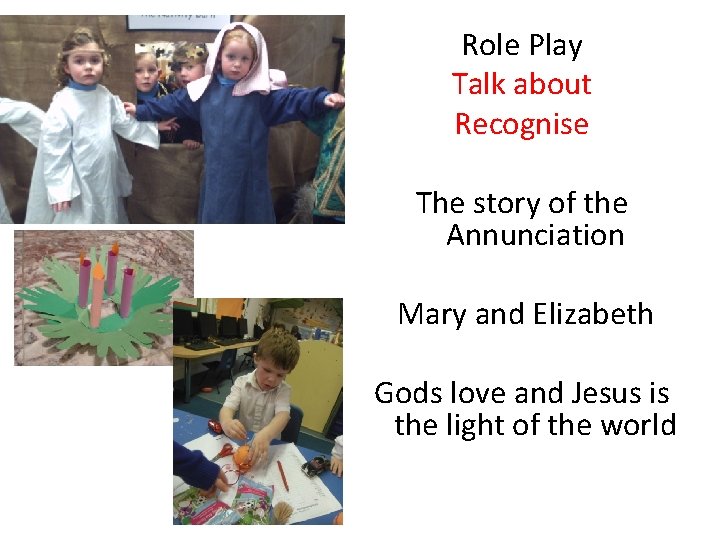 Role Play Talk about Recognise The story of the Annunciation Mary and Elizabeth Gods