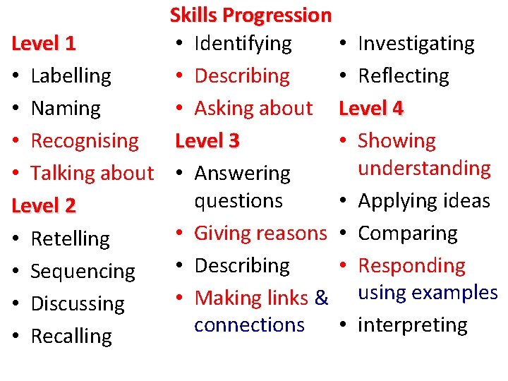 Skills Progression • Identifying Level 1 • Investigating • Describing • Labelling • Reflecting
