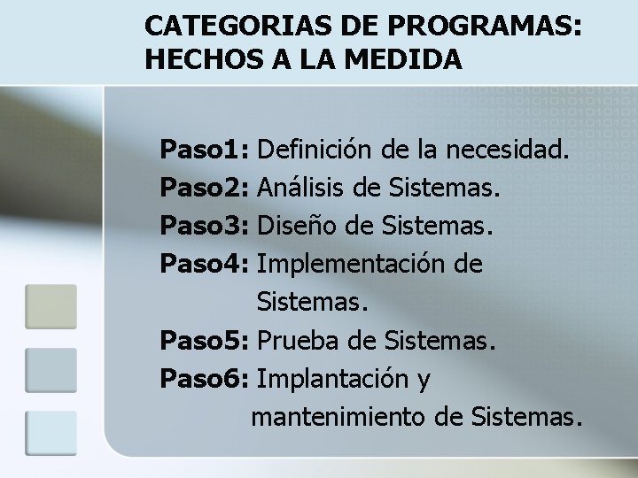 CATEGORIAS DE PROGRAMAS: HECHOS A LA MEDIDA Paso 1: Definición de la necesidad. Paso