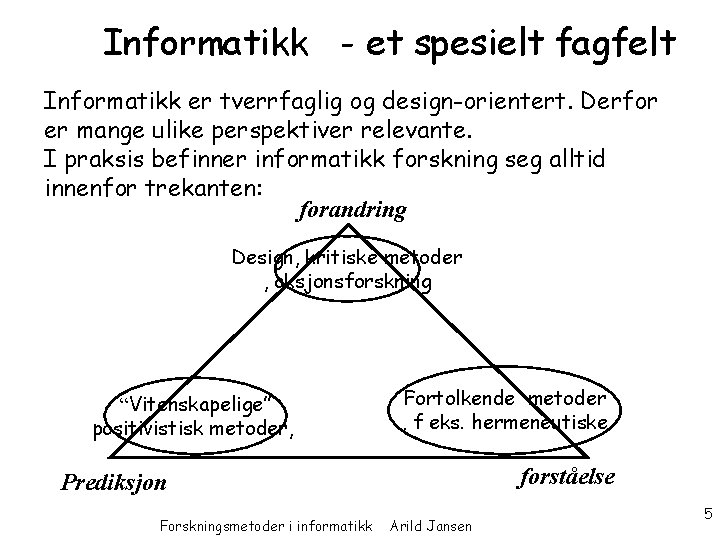 Informatikk - et spesielt fagfelt Informatikk er tverrfaglig og design-orientert. Derfor er mange ulike