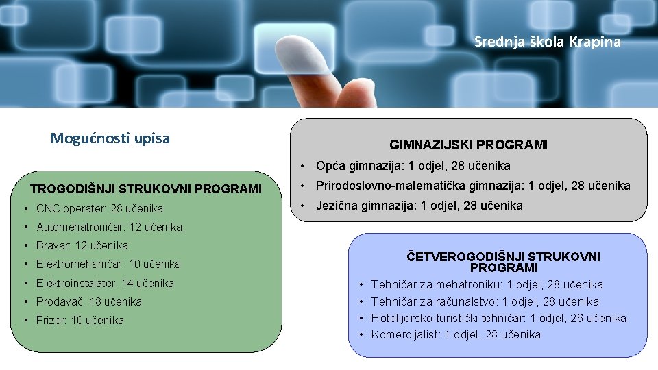 Srednja škola Krapina Mogućnosti upisa GIMNAZIJSKI PROGRAMI • Opća gimnazija: 1 odjel, 28 učenika
