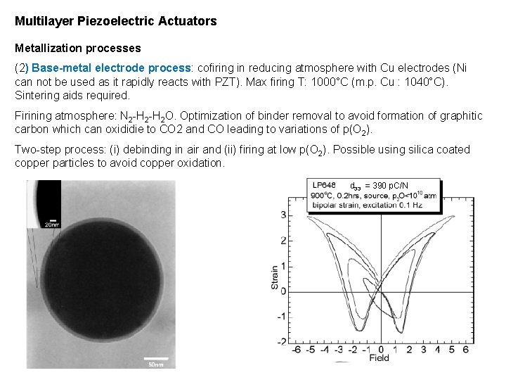 Multilayer Piezoelectric Actuators Metallization processes (2) Base-metal electrode process: cofiring in reducing atmosphere with