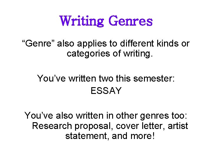 Writing Genres “Genre” also applies to different kinds or categories of writing. You’ve written