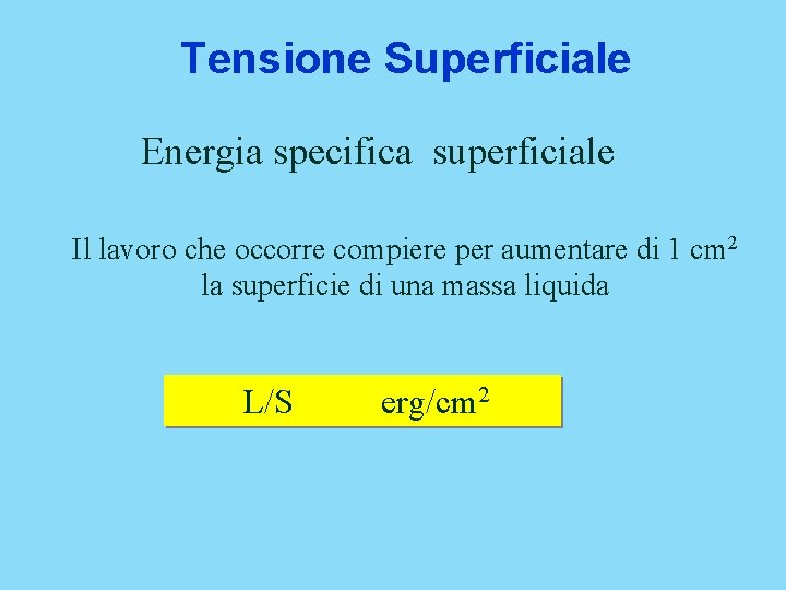 Tensione Superficiale Energia specifica superficiale Il lavoro che occorre compiere per aumentare di 1