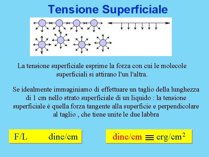 Tensione Superficiale La tensione superficiale esprime la forza con cui le molecole superficiali si