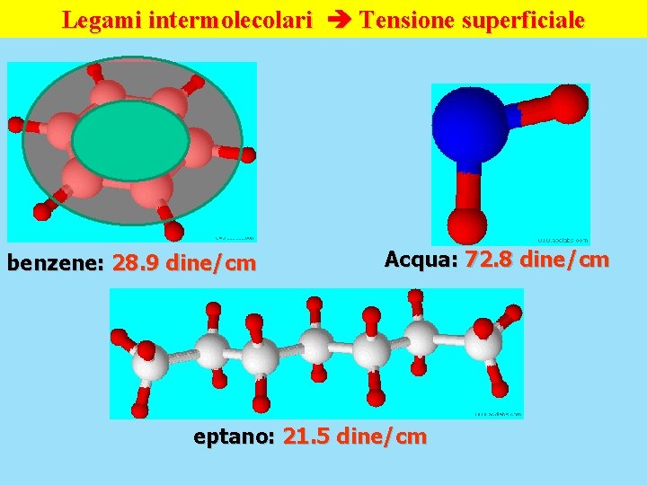 Legami intermolecolari Tensione superficiale benzene: 28. 9 dine/cm Acqua: 72. 8 dine/cm eptano: 21.