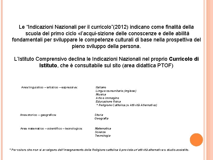 Le “Indicazioni Nazionali per il curricolo”(2012) indicano come finalità della scuola del primo ciclo