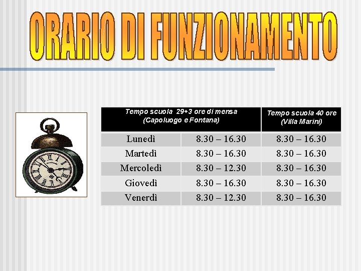 Tempo scuola 29+3 ore di mensa (Capoluogo e Fontana) Lunedì Martedì Mercoledì Giovedì Venerdì