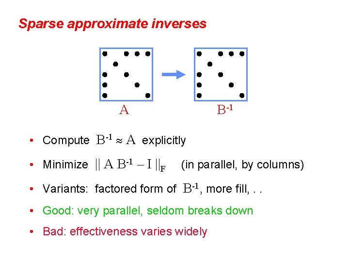 Sparse approximate inverses A B-1 • Compute B-1 A explicitly • Minimize || A