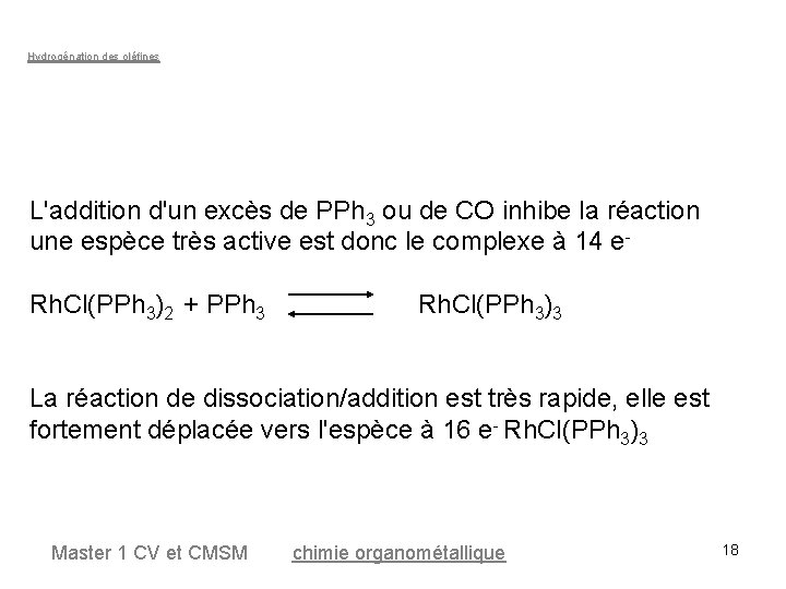 Hydrogénation des oléfines L'addition d'un excès de PPh 3 ou de CO inhibe la