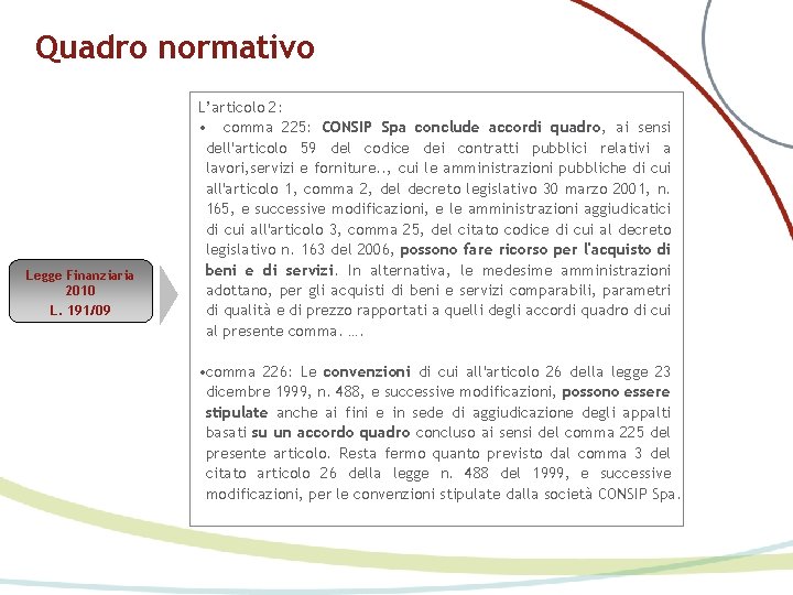 Quadro normativo Legge Finanziaria 2010 L. 191/09 L’articolo 2: • comma 225: CONSIP Spa