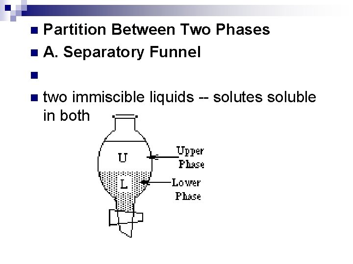 Partition Between Two Phases n A. Separatory Funnel n n n two immiscible liquids