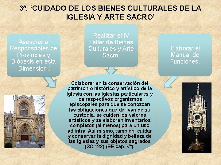 3ª. ‘CUIDADO DE LOS BIENES CULTURALES DE LA IGLESIA Y ARTE SACRO’ Asesorar a