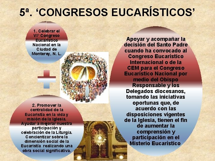 5ª. ‘CONGRESOS EUCARÍSTICOS’ 1. Celebrar el VIº Congreso Eucarístico Nacional en la Ciudad de