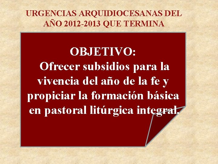 URGENCIAS ARQUIDIOCESANAS DEL AÑO 2012 -2013 QUE TERMINA OBJETIVO: Ofrecer subsidios para la vivencia