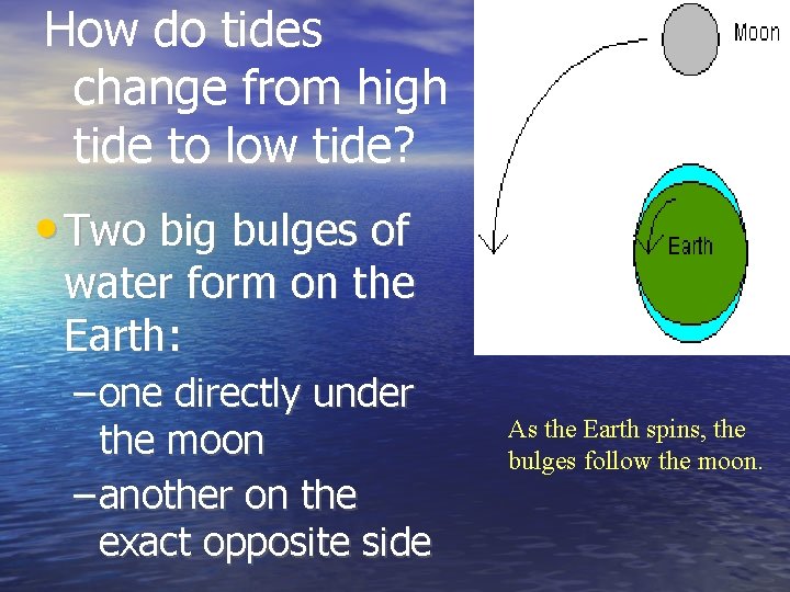 How do tides change from high tide to low tide? • Two big bulges