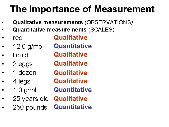 The Importance of Measurement • • Qualitative measurements (OBSERVATIONS) Quantitative measurements (SCALES) • •