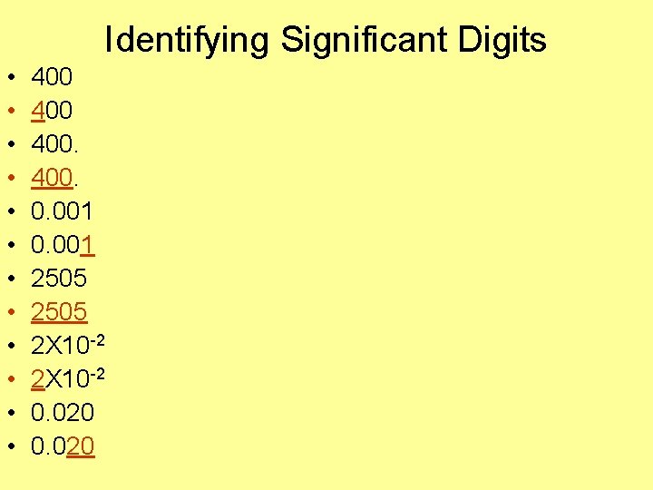 Identifying Significant Digits • • • 400 400. 0. 001 2505 2 X 10