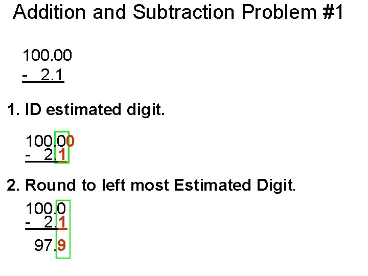 Addition and Subtraction Problem #1 100. 00 - 2. 1 1. ID estimated digit.