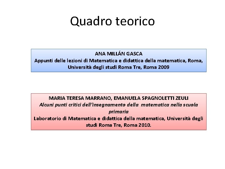 Quadro teorico ANA MILLÁN GASCA Appunti delle lezioni di Matematica e didattica della matematica,