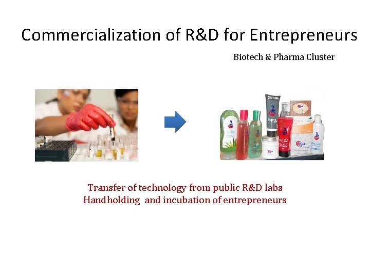 Commercialization of R&D for Entrepreneurs Biotech & Pharma Cluster Transfer of technology from public