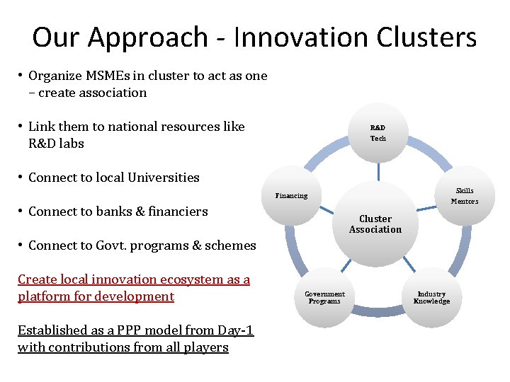 Our Approach - Innovation Clusters • Organize MSMEs in cluster to act as one