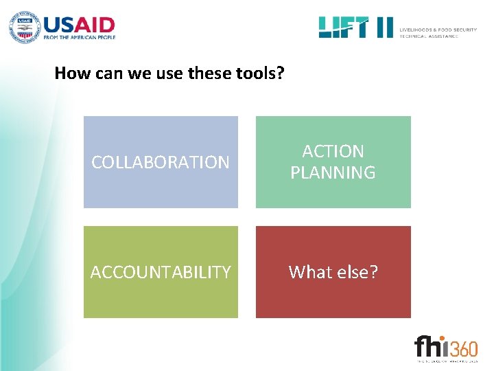 How can we use these tools? COLLABORATION ACTION PLANNING ACCOUNTABILITY What else? 