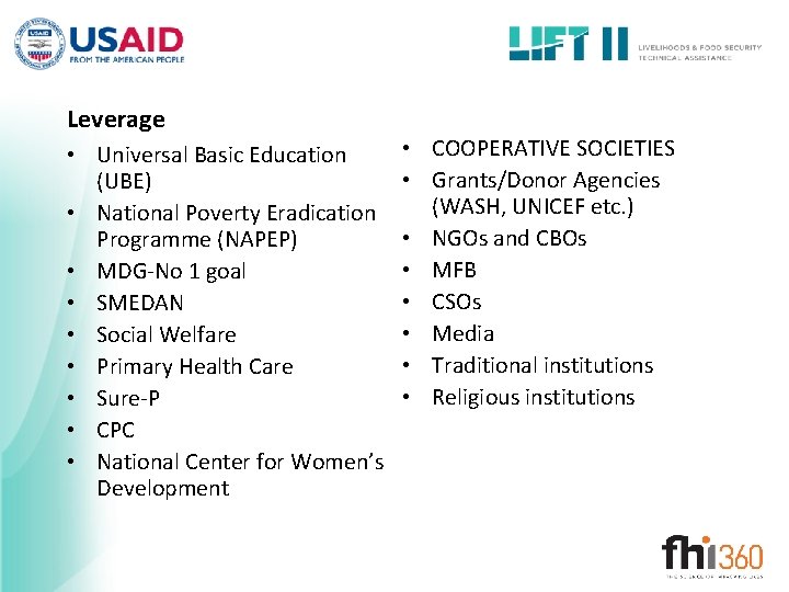 Leverage • Universal Basic Education (UBE) • National Poverty Eradication Programme (NAPEP) • MDG-No