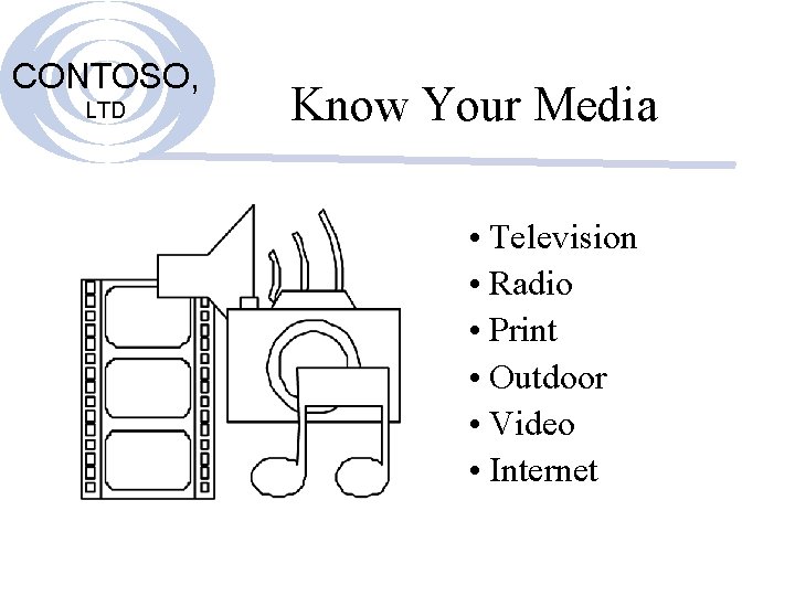 CONTOSO, LTD Know Your Media • Television • Radio • Print • Outdoor •