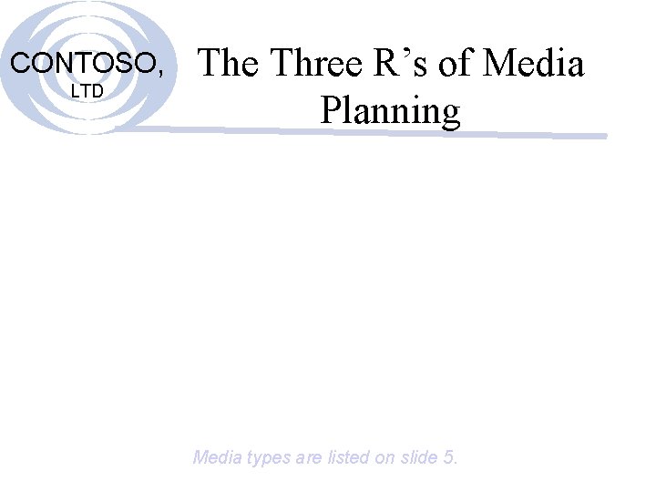 CONTOSO, LTD The Three R’s of Media Planning Media types are listed on slide