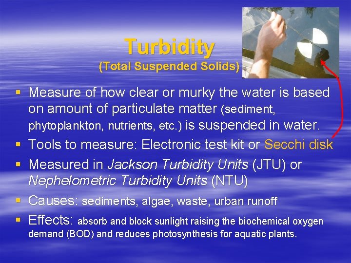 Turbidity (Total Suspended Solids) § Measure of how clear or murky the water is