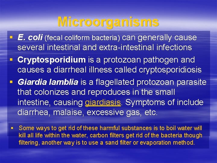 Microorganisms § E. coli (fecal coliform bacteria) can generally cause several intestinal and extra-intestinal