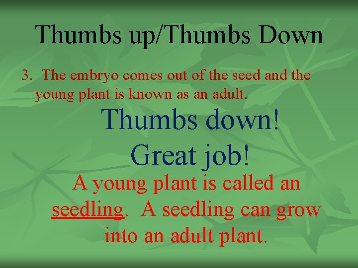 Thumbs up/Thumbs Down 3. The embryo comes out of the seed and the young