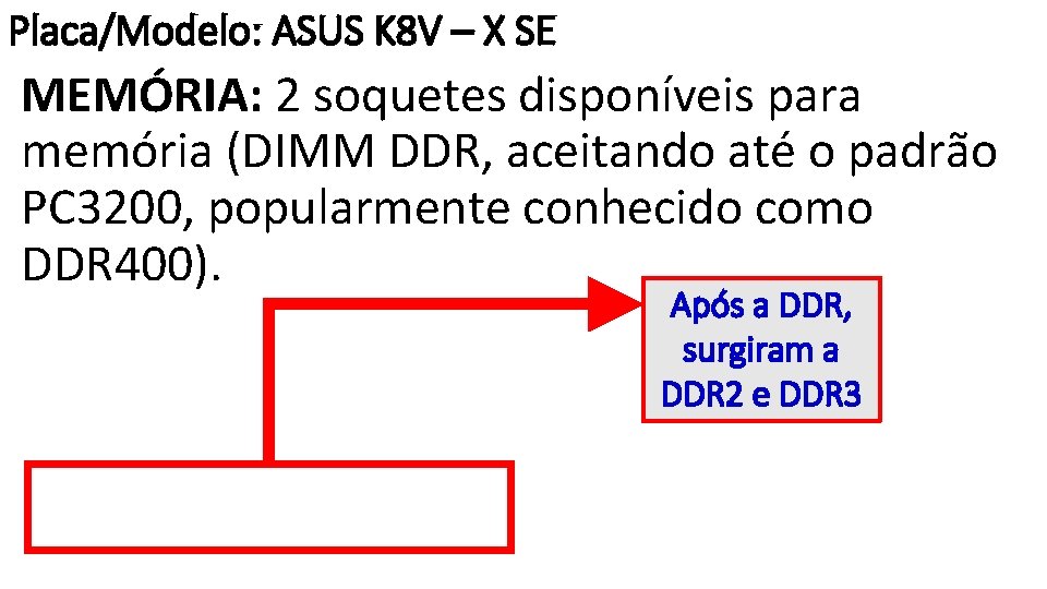 Placa/Modelo: ASUS K 8 V – X SE MEMÓRIA: 2 soquetes disponíveis para memória