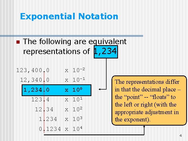 Exponential Notation n The following are equivalent representations of 1, 234 123, 400. 0 Exponential Notation n The following are equivalent representations of 1, 234 123, 400. 0
