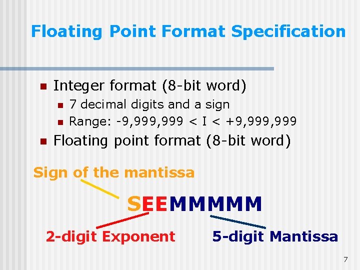 Floating Point Format Specification n Integer format (8 -bit word) n n n 7 Floating Point Format Specification n Integer format (8 -bit word) n n n 7