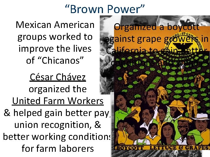“Brown Power” Mexican American Organized a boycott groups worked to against grape growers in