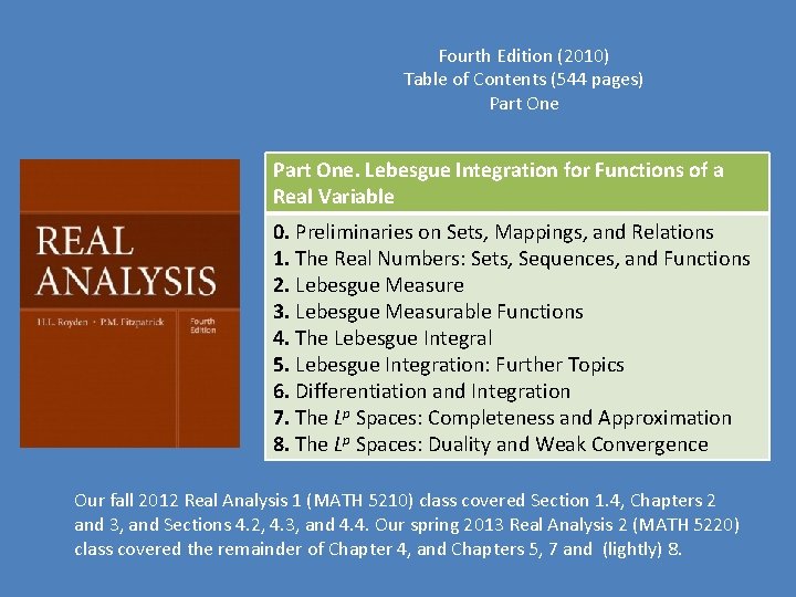 Fourth Edition (2010) Table of Contents (544 pages) Part One. Lebesgue Integration for Functions