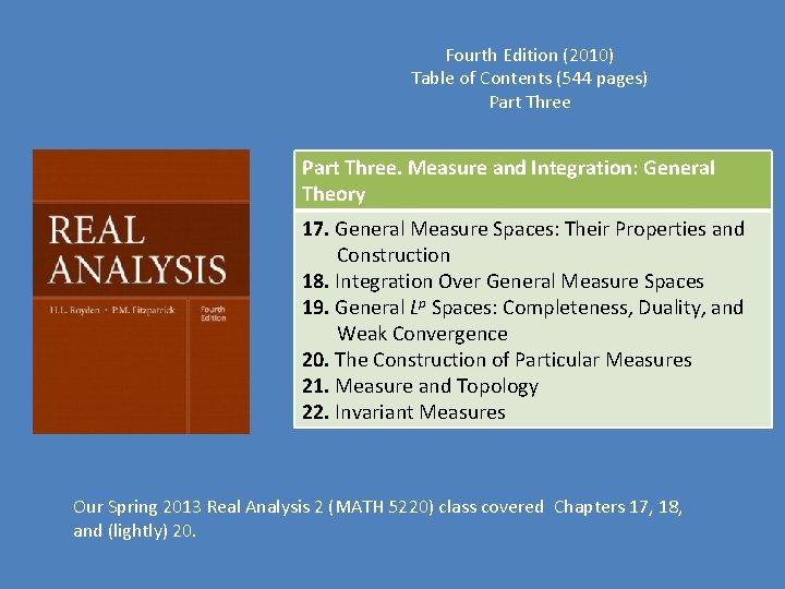 Fourth Edition (2010) Table of Contents (544 pages) Part Three. Measure and Integration: General