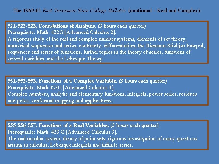The 1960 -61 East Tennessee State College Bulletin (continued – Real and Complex): 521