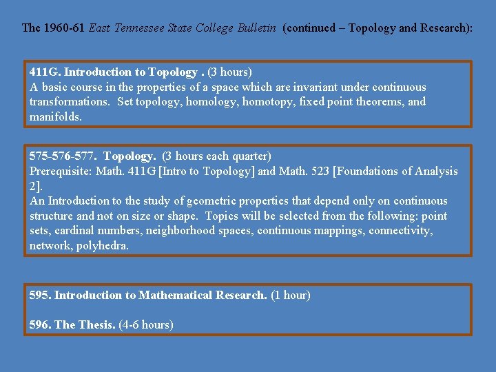 The 1960 -61 East Tennessee State College Bulletin (continued – Topology and Research): 411