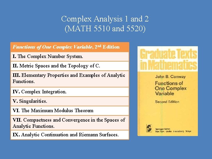 Complex Analysis 1 and 2 (MATH 5510 and 5520) Functions of One Complex Variable,