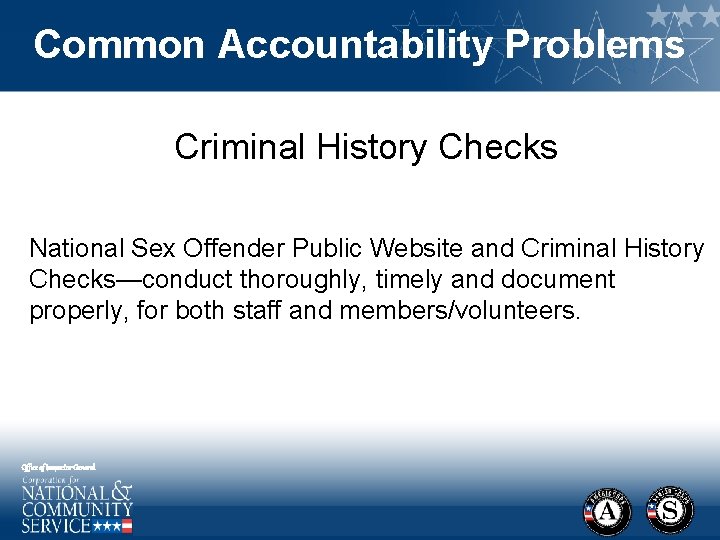 Common Accountability Problems Criminal History Checks National Sex Offender Public Website and Criminal History